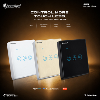 QAR 90,  Secuview Three Gang Brushed Panel Smart Switch With Plastic Border. photo 1