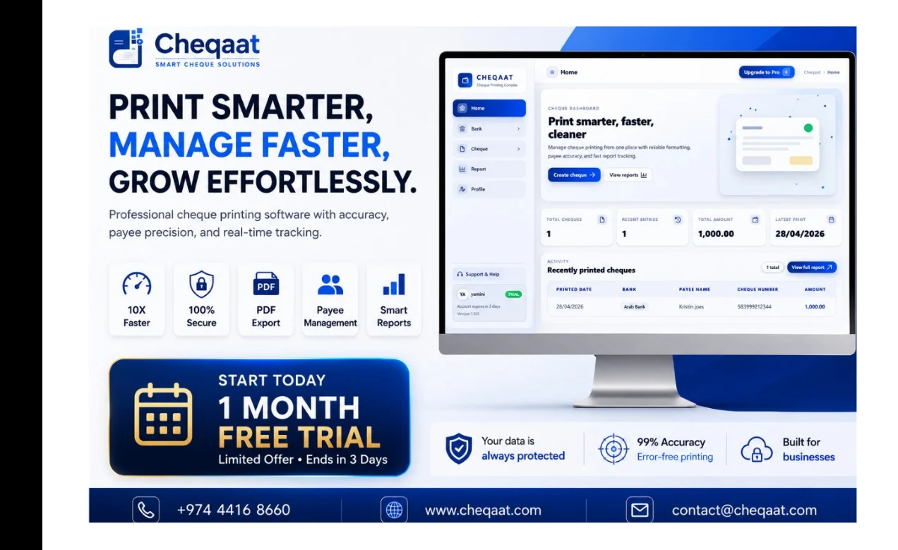 CHEQAAT Smart Cheque Printing Software – 1 Month Free Trial