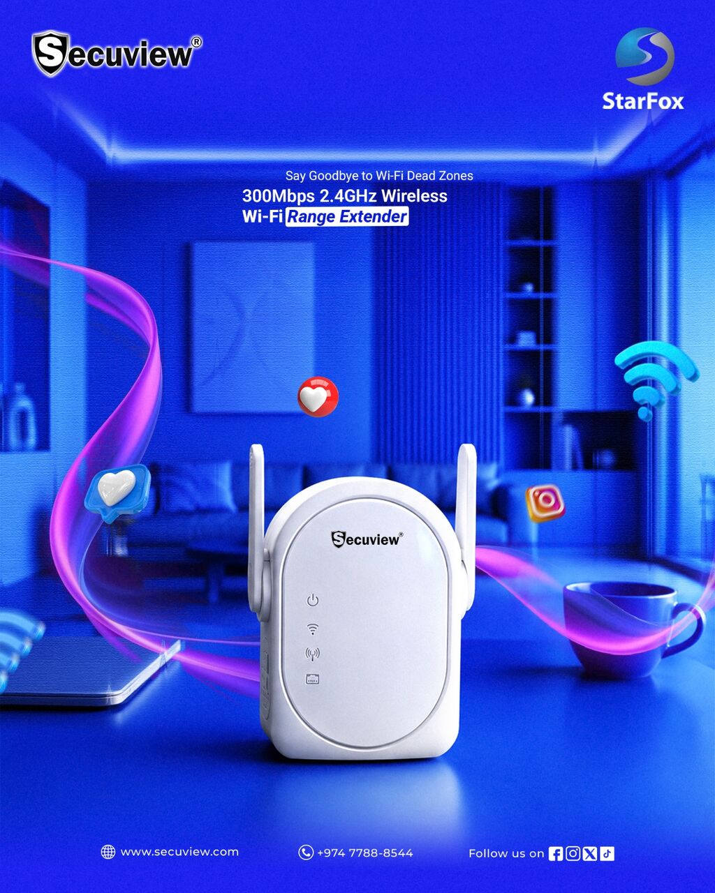 QAR 65,  Secuview 300Mbps 2.4GHz Wireless Wi-Fi Range Extender.