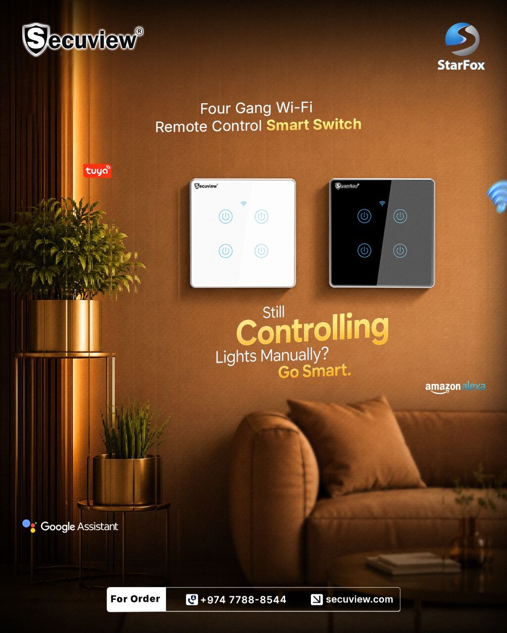 QAR 165,  Secuview Four Gang WiFi Remote Control Smart Switch With Metal Border