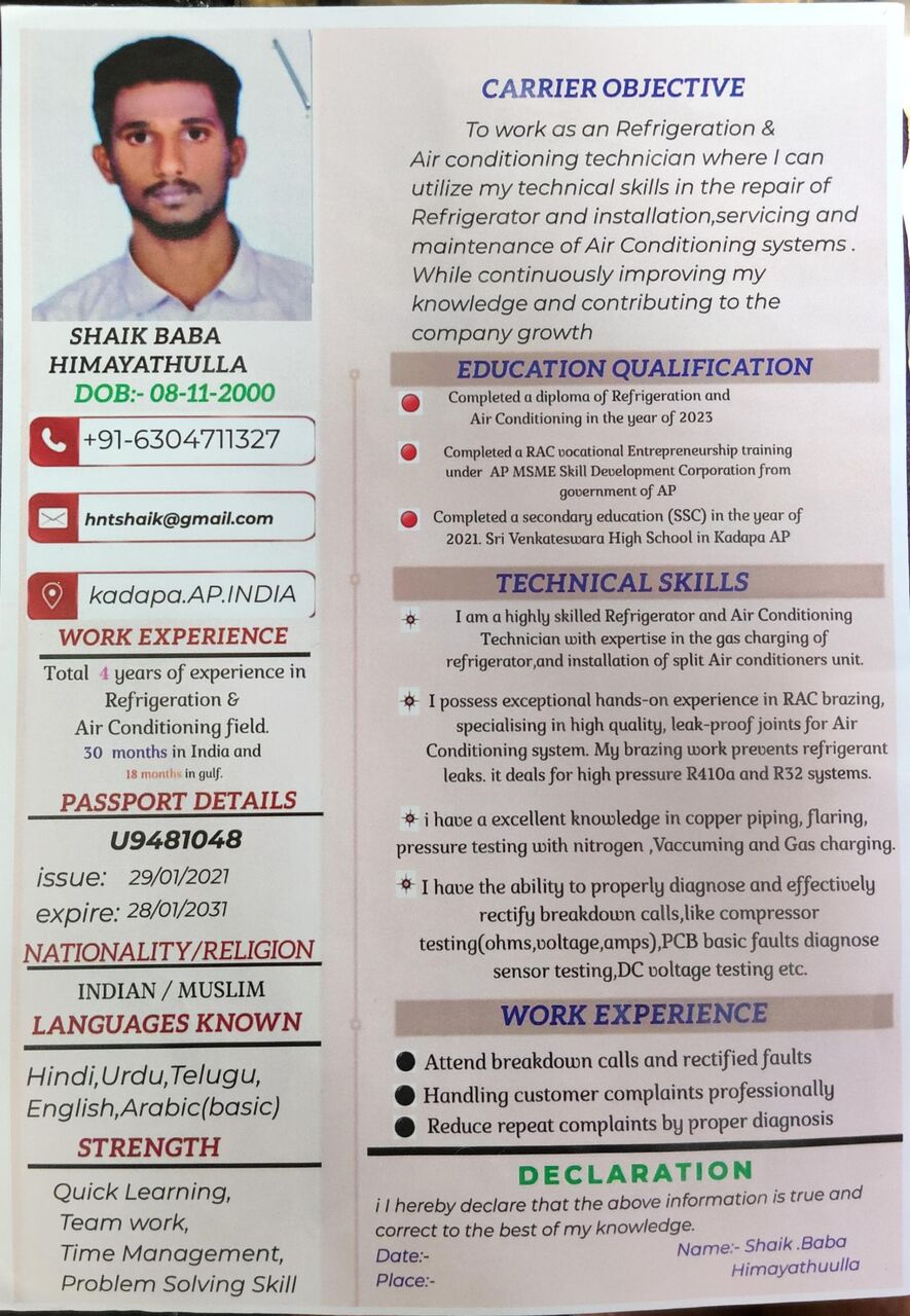 Experienced AC Technician (4 Years Exp, Gulf Exp) Seeking Job photo 3