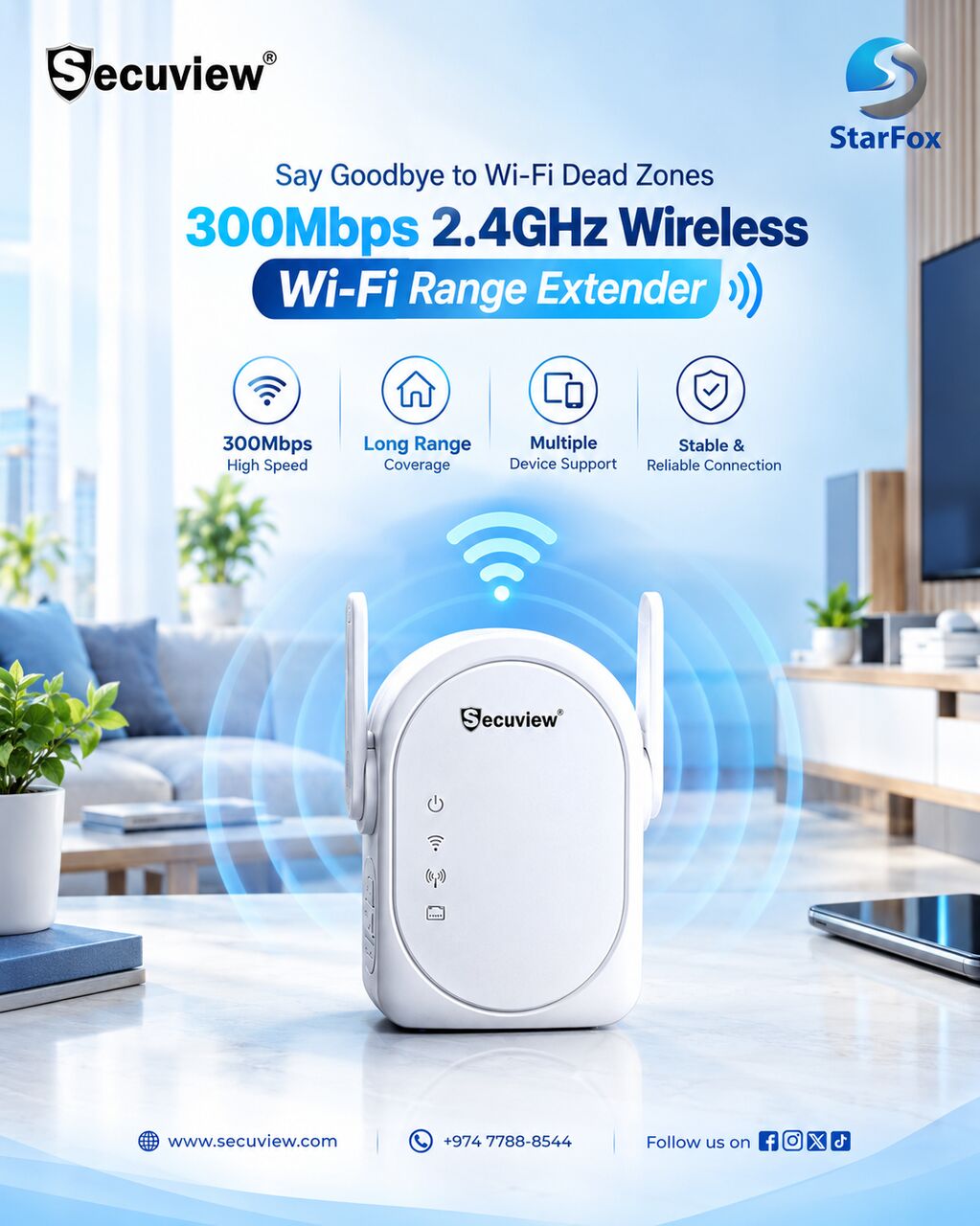 QAR 65,  Secuview 300Mbps 2.4GHz Wireless Wi-Fi Range Extender.